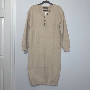MEROKEETY Knit Sweater Dress Small(runs large) Beige Long Sleeve Button Front